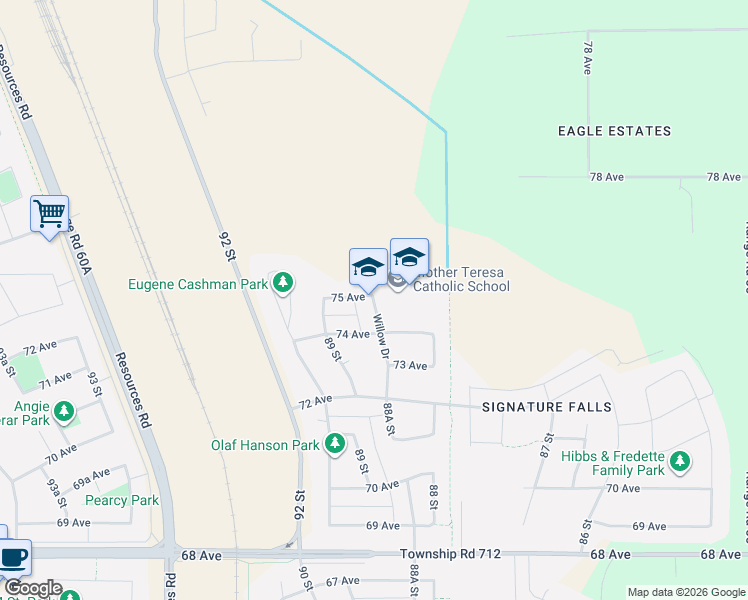 map of restaurants, bars, coffee shops, grocery stores, and more near 8726 Willow Dr in Grande Prairie