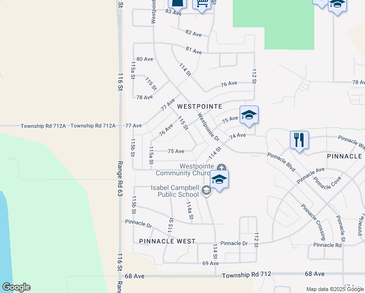map of restaurants, bars, coffee shops, grocery stores, and more near 11512 75 Avenue in Grande Prairie