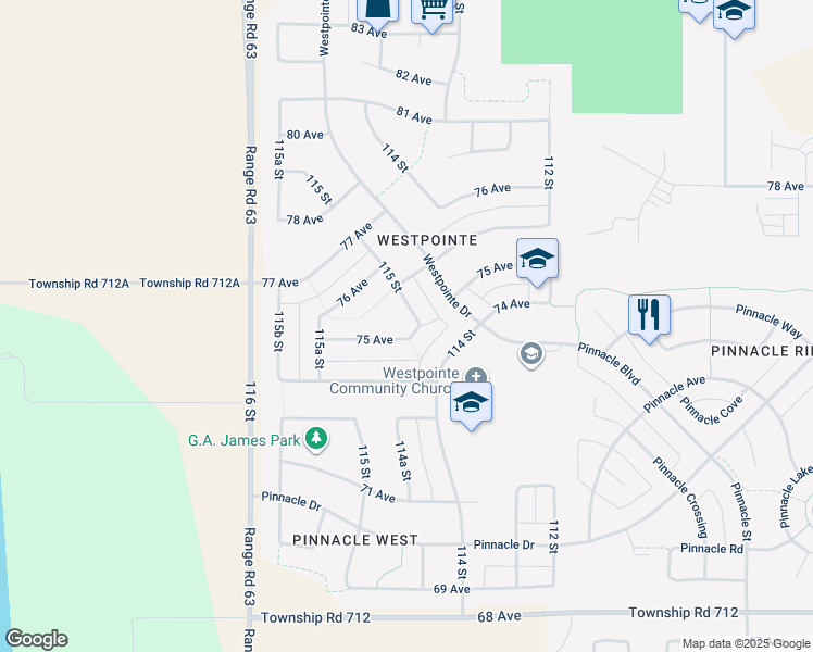 map of restaurants, bars, coffee shops, grocery stores, and more near 11504 75 Avenue in Grande Prairie