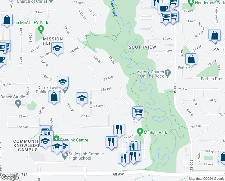 map of restaurants, bars, coffee shops, grocery stores, and more near 10231 75A Avenue in Grande Prairie