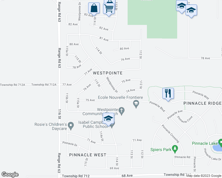 map of restaurants, bars, coffee shops, grocery stores, and more near 7510 Westpointe Drive in Grande Prairie