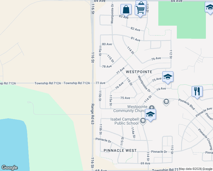 map of restaurants, bars, coffee shops, grocery stores, and more near 11557 A 77 Avenue in Grande Prairie