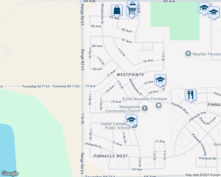 map of restaurants, bars, coffee shops, grocery stores, and more near 11525 76 Avenue in Grande Prairie