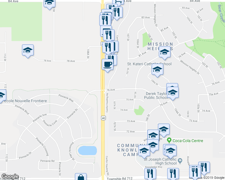 map of restaurants, bars, coffee shops, grocery stores, and more near 10727 76 Avenue in Grande Prairie