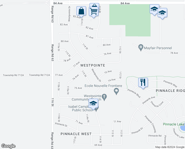 map of restaurants, bars, coffee shops, grocery stores, and more near 7530 Westpointe Drive in Grande Prairie