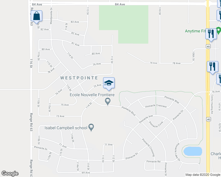 map of restaurants, bars, coffee shops, grocery stores, and more near 7422 112 Street in Grande Prairie
