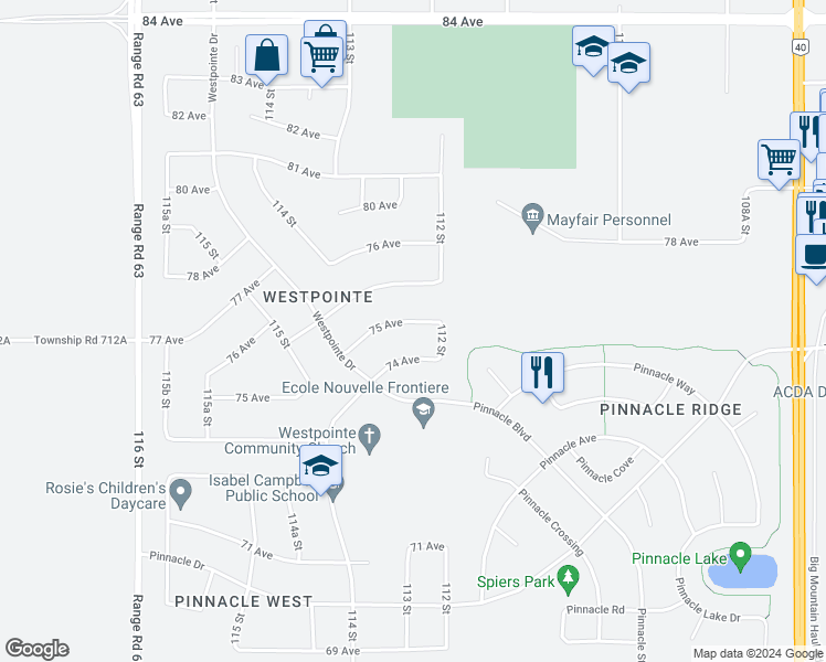 map of restaurants, bars, coffee shops, grocery stores, and more near 11221 75 Avenue in Grande Prairie