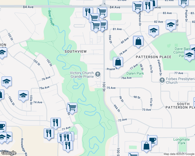 map of restaurants, bars, coffee shops, grocery stores, and more near 7702 100 Street in Grande Prairie