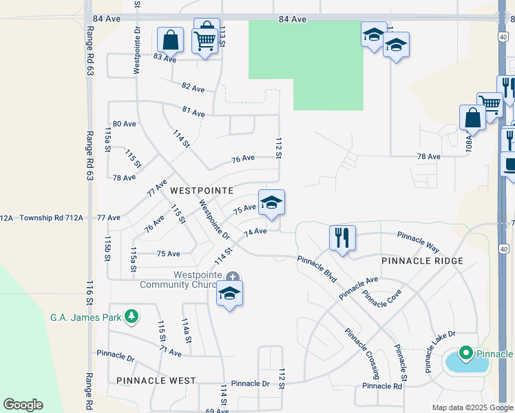 map of restaurants, bars, coffee shops, grocery stores, and more near 11235 75 Avenue in Grande Prairie