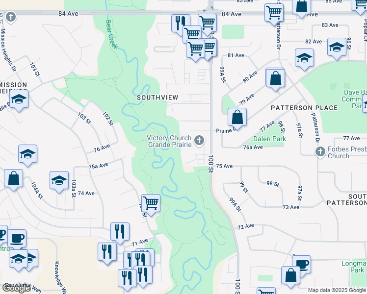 map of restaurants, bars, coffee shops, grocery stores, and more near 7702 100 Street in Grande Prairie