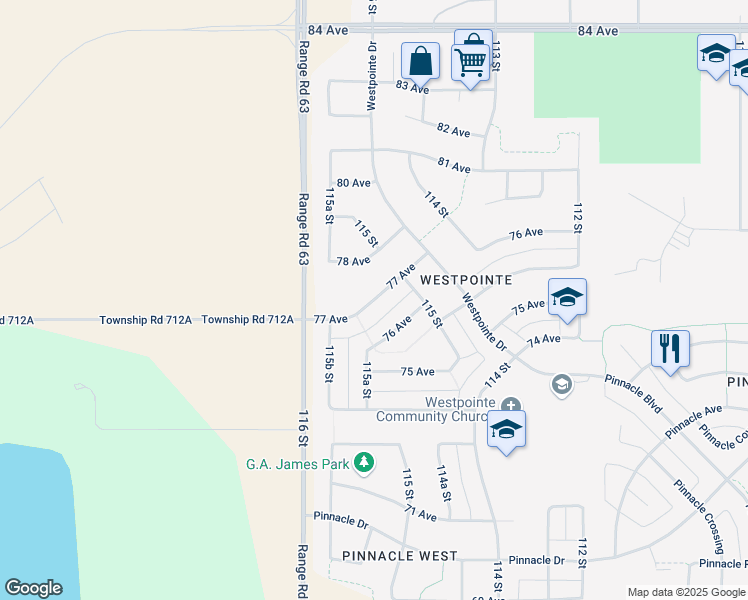 map of restaurants, bars, coffee shops, grocery stores, and more near 11549 77 Avenue in Grande Prairie