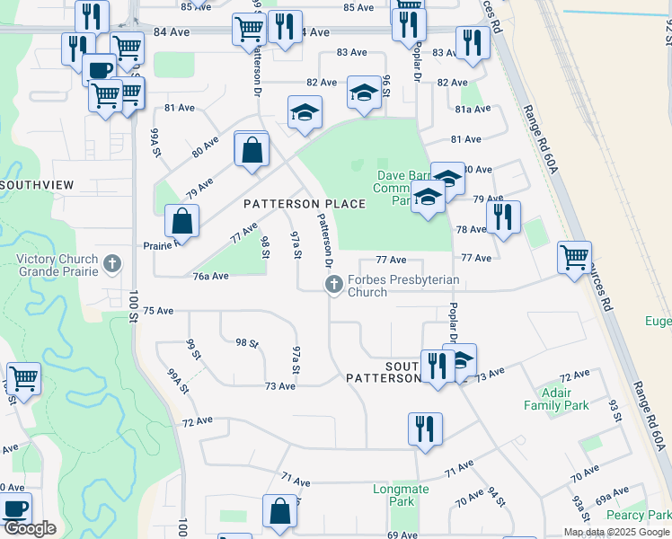 map of restaurants, bars, coffee shops, grocery stores, and more near 7613 Patterson Drive in Grande Prairie