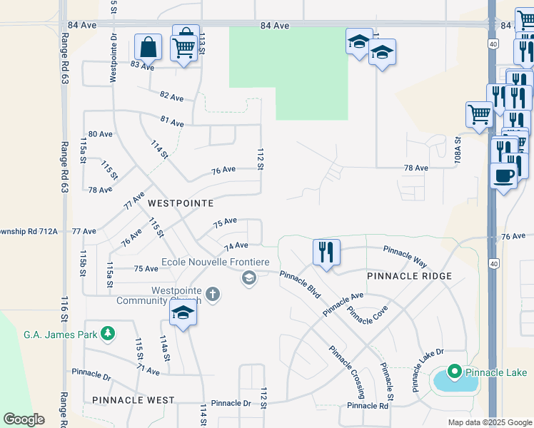 map of restaurants, bars, coffee shops, grocery stores, and more near 7422 112 Street in Grande Prairie
