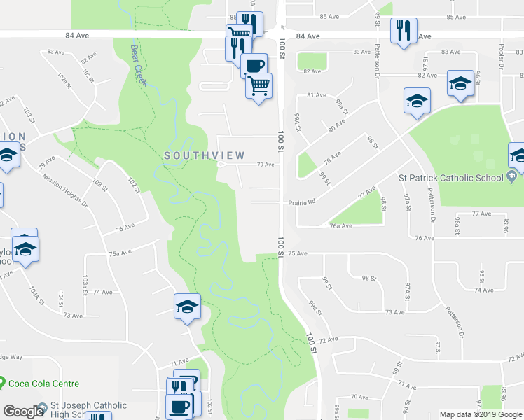 map of restaurants, bars, coffee shops, grocery stores, and more near 10010 Prairie Road in Grande Prairie