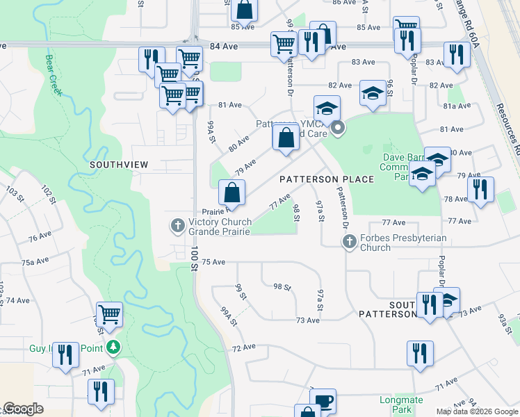 map of restaurants, bars, coffee shops, grocery stores, and more near 9834 77 Avenue in Grande Prairie