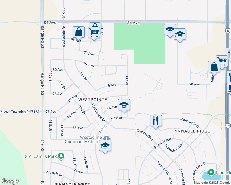 map of restaurants, bars, coffee shops, grocery stores, and more near 11222 75A Avenue in Grande Prairie