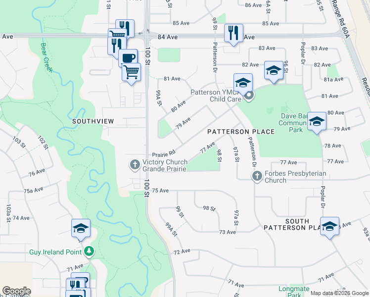 map of restaurants, bars, coffee shops, grocery stores, and more near 9834 77 Avenue in Grande Prairie