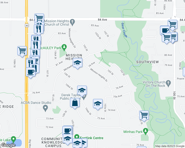 map of restaurants, bars, coffee shops, grocery stores, and more near 7830 Mission Heights Drive in Grande Prairie