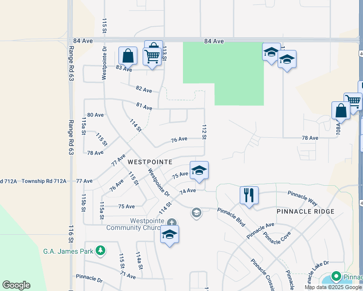 map of restaurants, bars, coffee shops, grocery stores, and more near 11222 75A Avenue in Grande Prairie