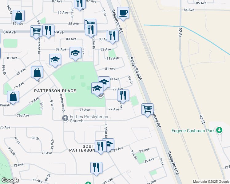 map of restaurants, bars, coffee shops, grocery stores, and more near 9519 80 Avenue in Grande Prairie