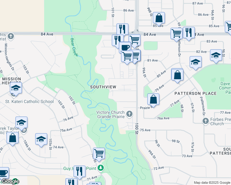 map of restaurants, bars, coffee shops, grocery stores, and more near 7860 Cedarwood Park in Grande Prairie