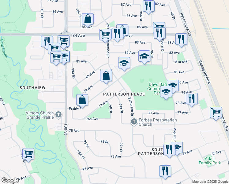 map of restaurants, bars, coffee shops, grocery stores, and more near 9714 77 Avenue in Grande Prairie