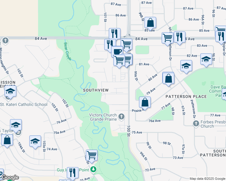 map of restaurants, bars, coffee shops, grocery stores, and more near 10040 79 Avenue in Grande Prairie