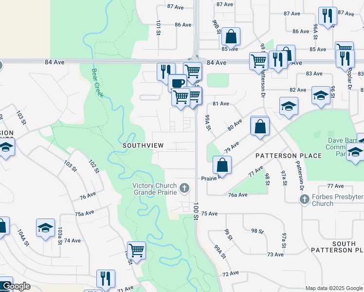map of restaurants, bars, coffee shops, grocery stores, and more near 10022 79 Avenue in Grande Prairie
