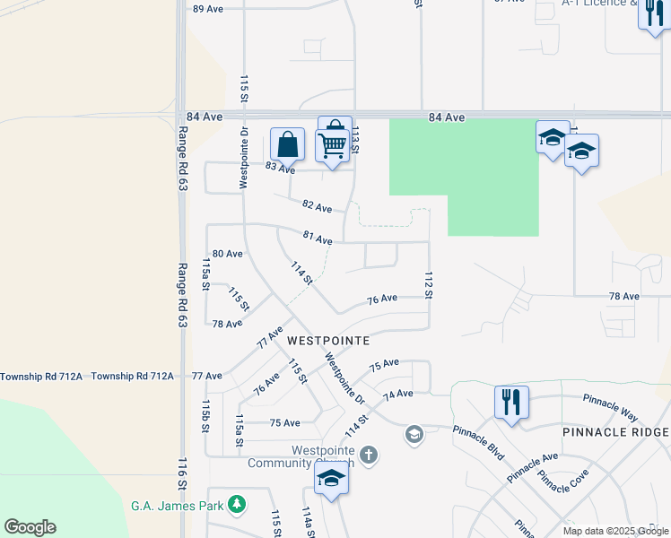 map of restaurants, bars, coffee shops, grocery stores, and more near 11310 80 Avenue in Grande Prairie