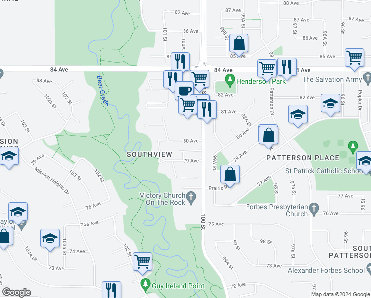 map of restaurants, bars, coffee shops, grocery stores, and more near 10033 80 Avenue in Grande Prairie