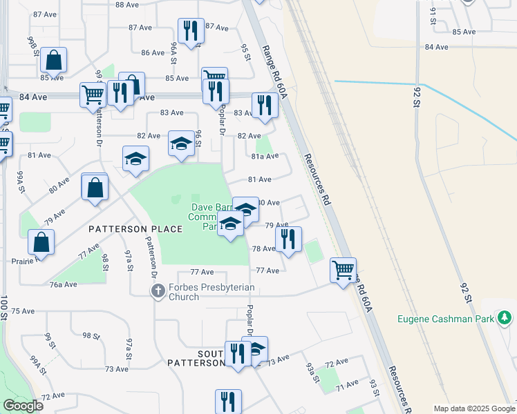 map of restaurants, bars, coffee shops, grocery stores, and more near 9519 80 Avenue in Grande Prairie
