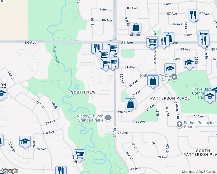 map of restaurants, bars, coffee shops, grocery stores, and more near 10015 80 Avenue in Grande Prairie