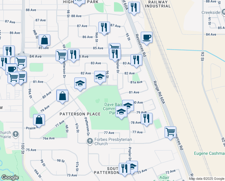 map of restaurants, bars, coffee shops, grocery stores, and more near 9535 Prairie Road in Grande Prairie