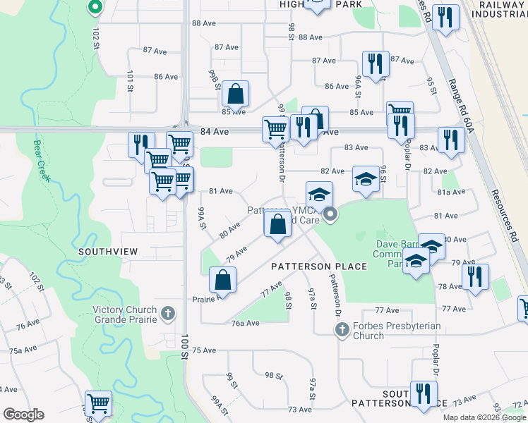 map of restaurants, bars, coffee shops, grocery stores, and more near 9815 80 Avenue in Grande Prairie