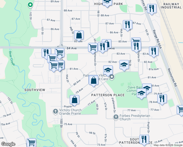 map of restaurants, bars, coffee shops, grocery stores, and more near 9815 80 Avenue in Grande Prairie