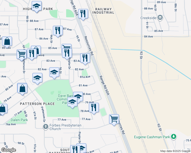 map of restaurants, bars, coffee shops, grocery stores, and more near 8104 94 Street in Grande Prairie