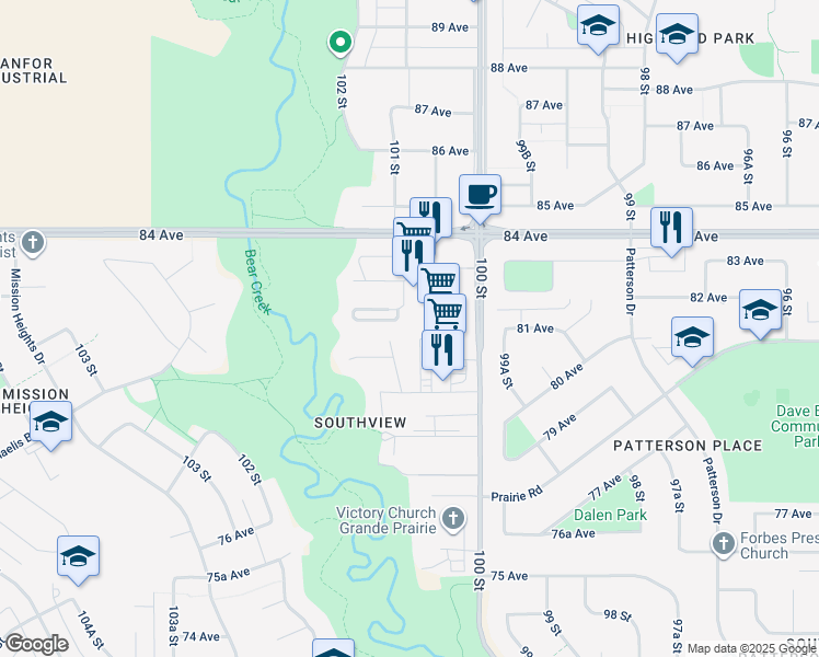 map of restaurants, bars, coffee shops, grocery stores, and more near 8060 100 Street in Grande Prairie