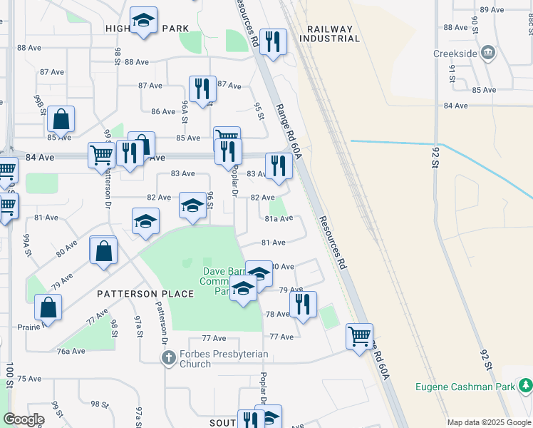 map of restaurants, bars, coffee shops, grocery stores, and more near 8103 95 Street in Grande Prairie