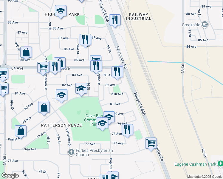 map of restaurants, bars, coffee shops, grocery stores, and more near 8115 95 Street in Grande Prairie