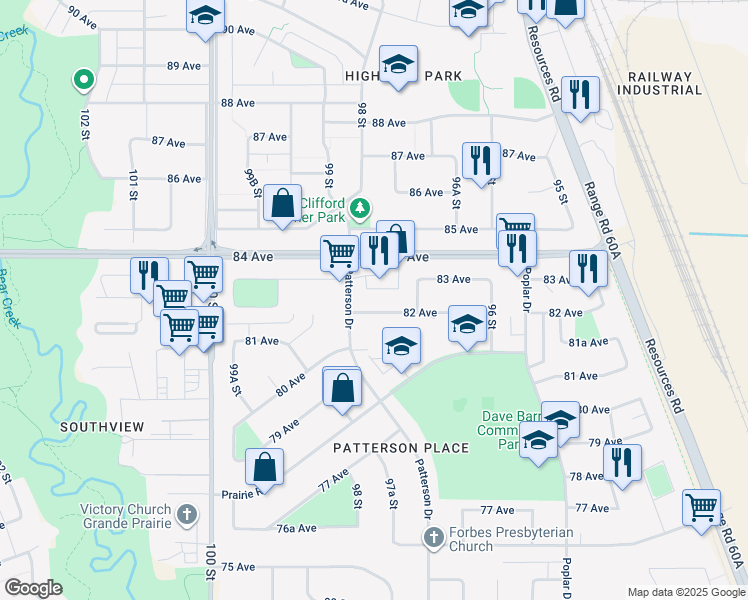 map of restaurants, bars, coffee shops, grocery stores, and more near 9738 82 Avenue in Grande Prairie