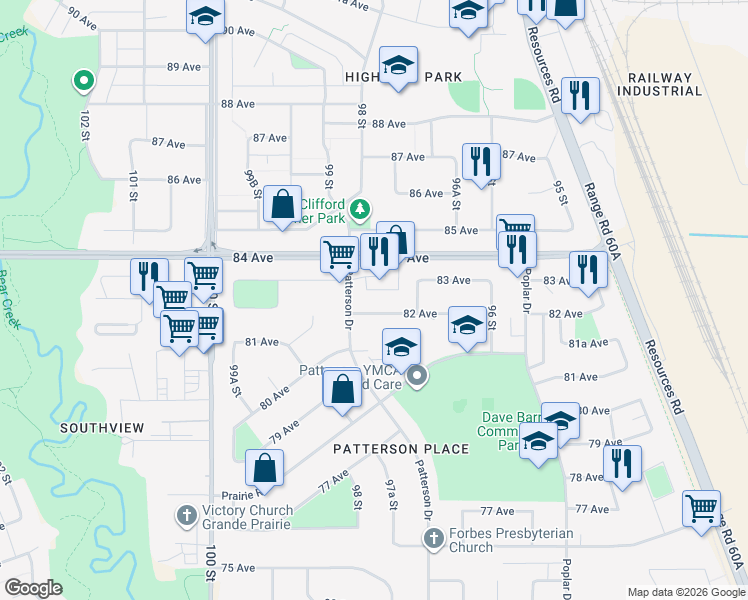 map of restaurants, bars, coffee shops, grocery stores, and more near 9736 82 Avenue in Grande Prairie
