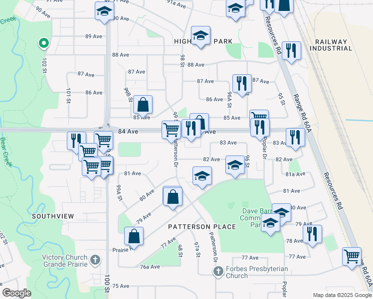 map of restaurants, bars, coffee shops, grocery stores, and more near 9740 82 Avenue in Grande Prairie