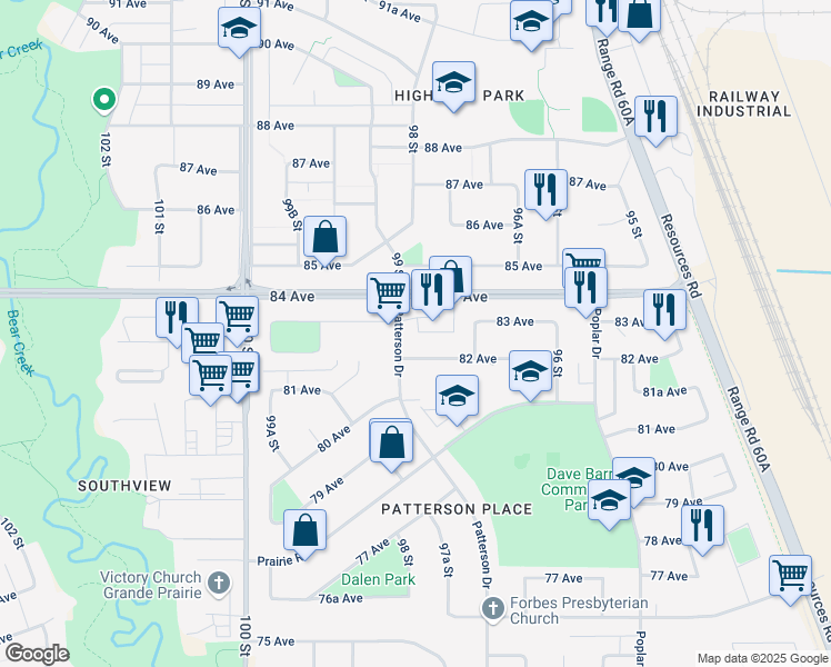map of restaurants, bars, coffee shops, grocery stores, and more near 9740 82 Avenue in Grande Prairie