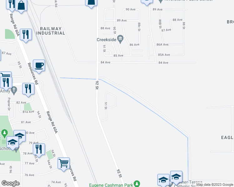 map of restaurants, bars, coffee shops, grocery stores, and more near 9062 81 Avenue in Grande Prairie