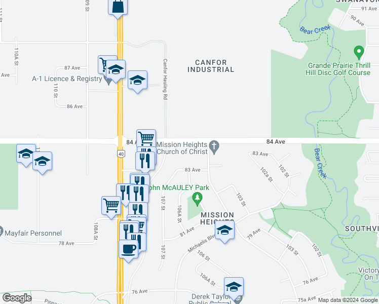 map of restaurants, bars, coffee shops, grocery stores, and more near in Grande Prairie