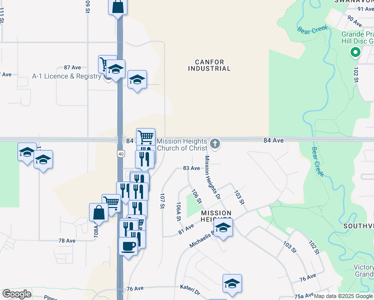 map of restaurants, bars, coffee shops, grocery stores, and more near 10521 84 Avenue in Grande Prairie