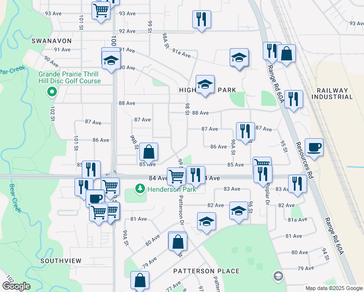 map of restaurants, bars, coffee shops, grocery stores, and more near 8606 98 Street in Grande Prairie