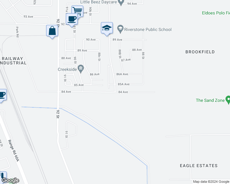 map of restaurants, bars, coffee shops, grocery stores, and more near 84 Avenue in Grande Prairie