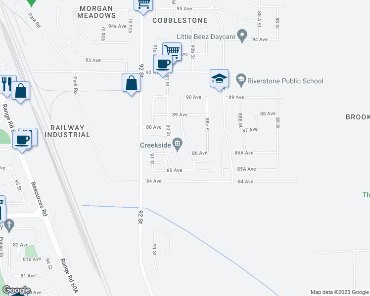 map of restaurants, bars, coffee shops, grocery stores, and more near 8620 89 Street in Grande Prairie
