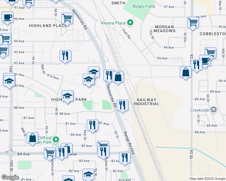map of restaurants, bars, coffee shops, grocery stores, and more near 8805 Resources Road in Grande Prairie
